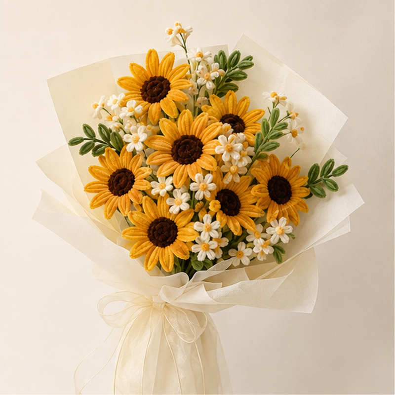 Sunlit Meadow finished chenille sunflower bouquet made from the complete DIY kit