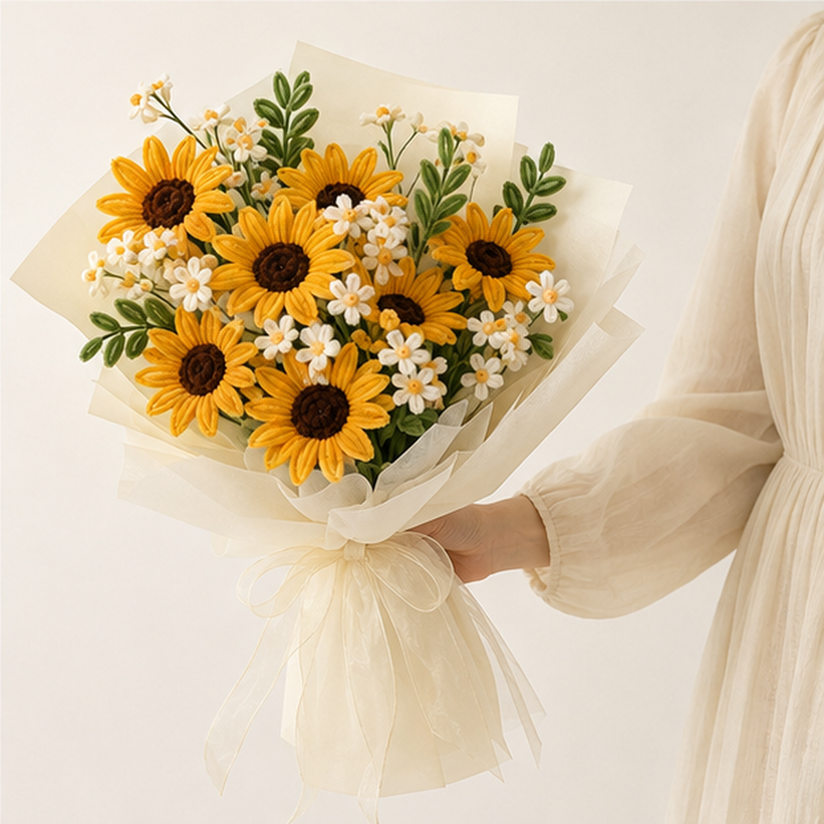 Handheld size view of the completed Sunlit Meadow chenille sunflower bouquet