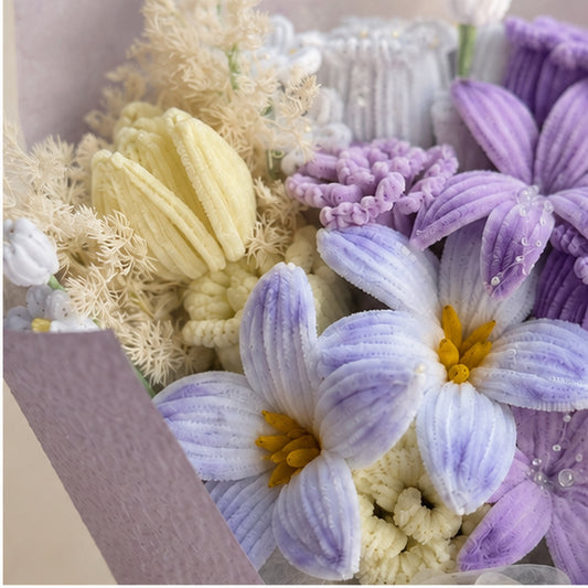 Close-up of the Lavender Garden handmade chenille flower bouquet, showing textured lavender, pale blue and ivory blooms.