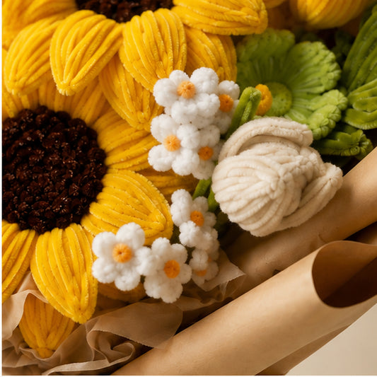 Close-up of the Golden Hour handmade chenille bouquet, showing textured yellow sunflowers, ivory flowers and green chenille leaves.