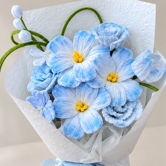 Powder Blue Wishes close-up showing handmade chenille flower texture, wrapping folds and ribbon details.