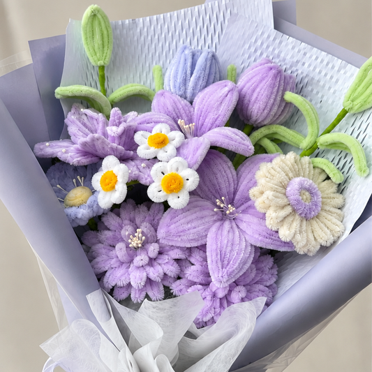 Violet Daisy close-up showing handmade chenille flower texture, wrapping folds and ribbon details.