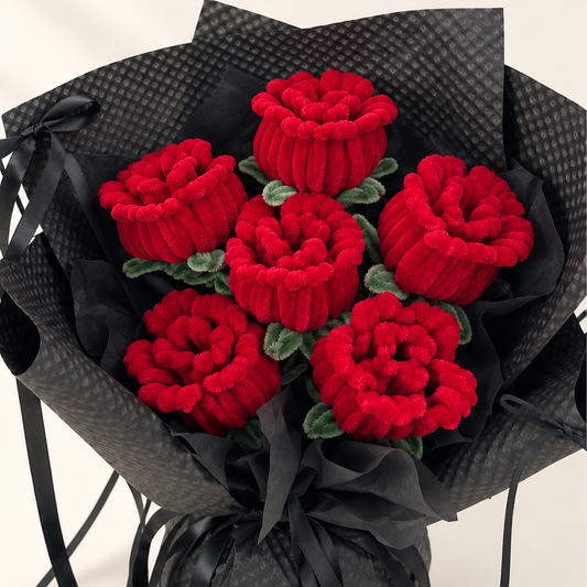 Midnight Roses close-up showing handmade chenille flower texture, wrapping folds and ribbon details.