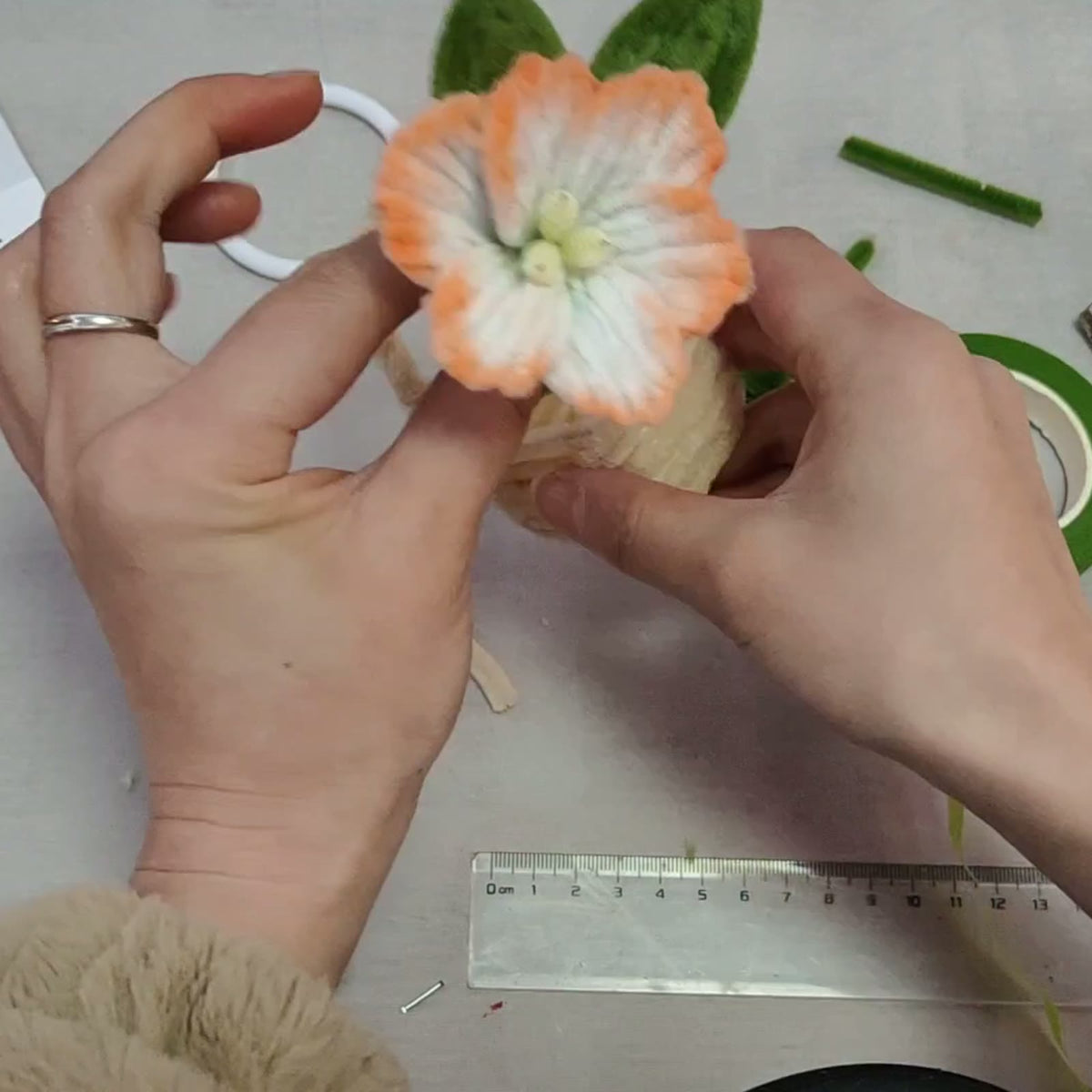 Handmade chenille flower from the basket rose assembly lesson