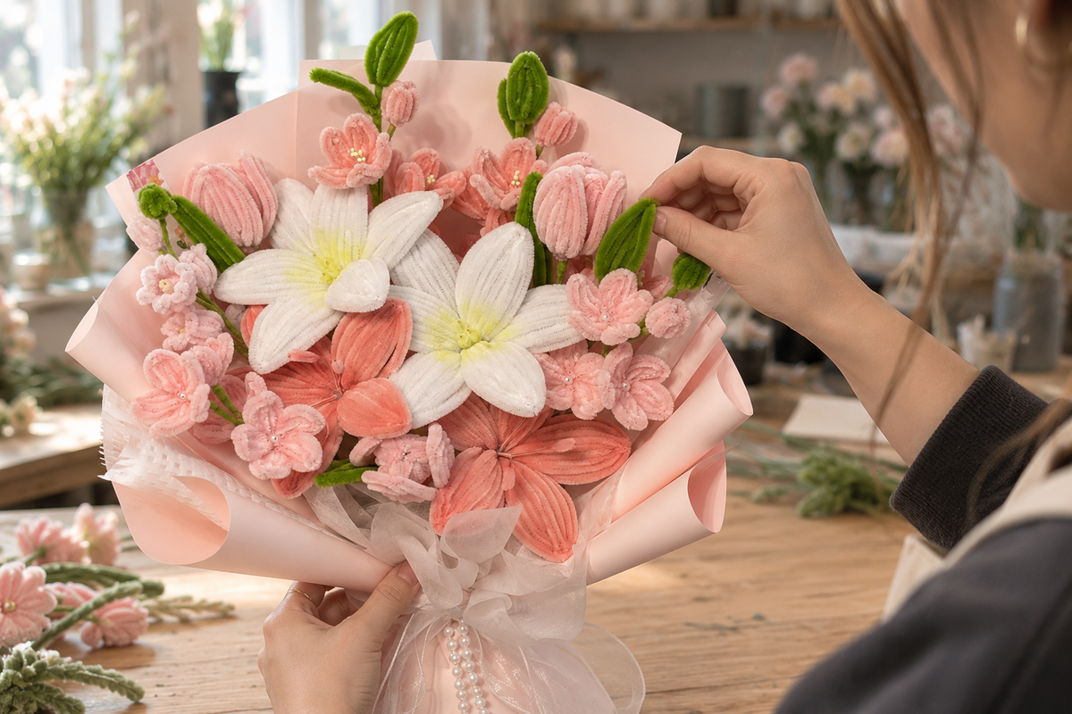 Hands adjusting a green chenille leaf on a pink and ivory bouquet at a wooden workbench.