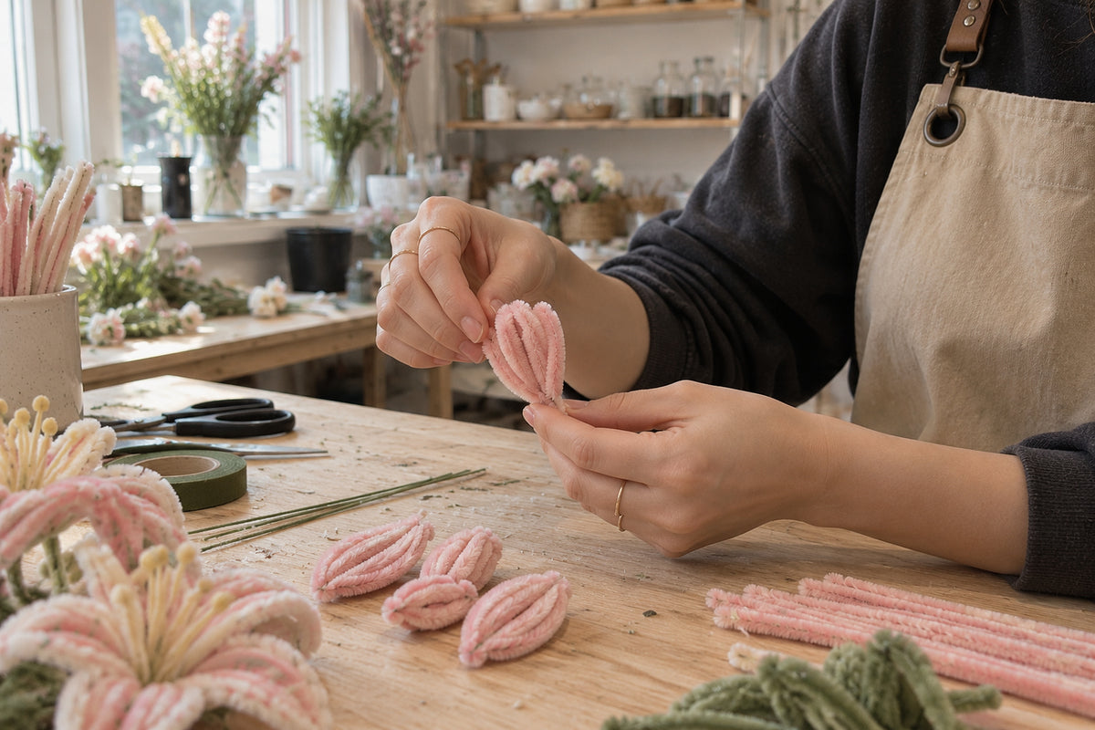 Hands shaping a pink chenille petal at a wooden workbench.