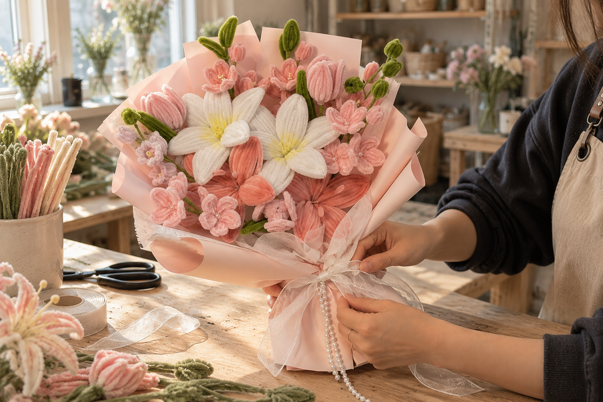 Hands adjusting the wrapping and ribbon on a pink chenille bouquet at a wooden workbench.