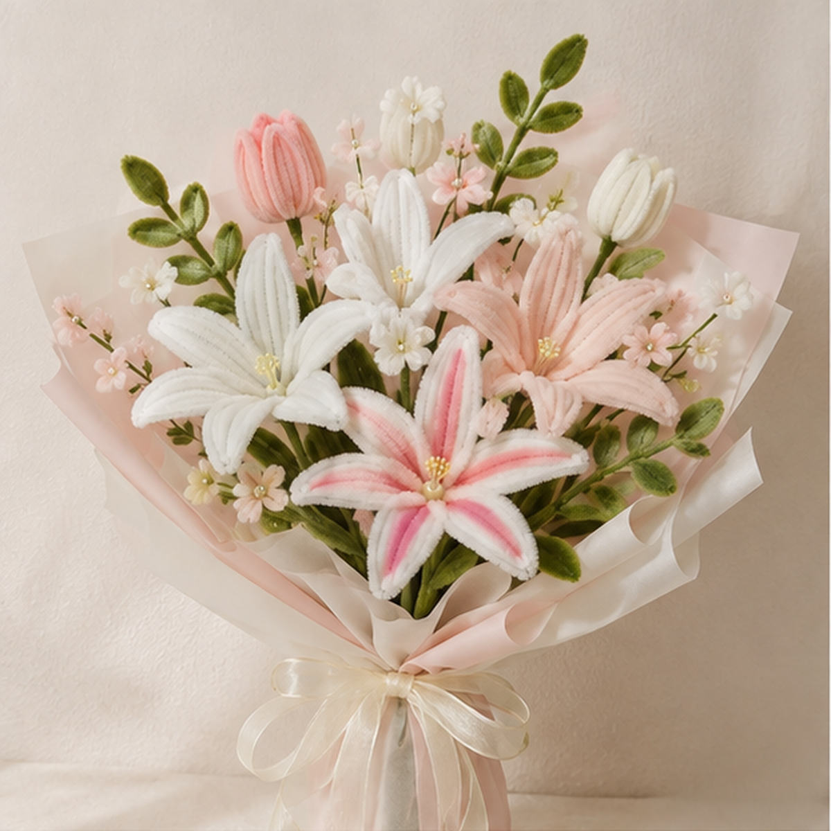 Blush Lily Garden finished chenille lily bouquet made from the complete DIY kit