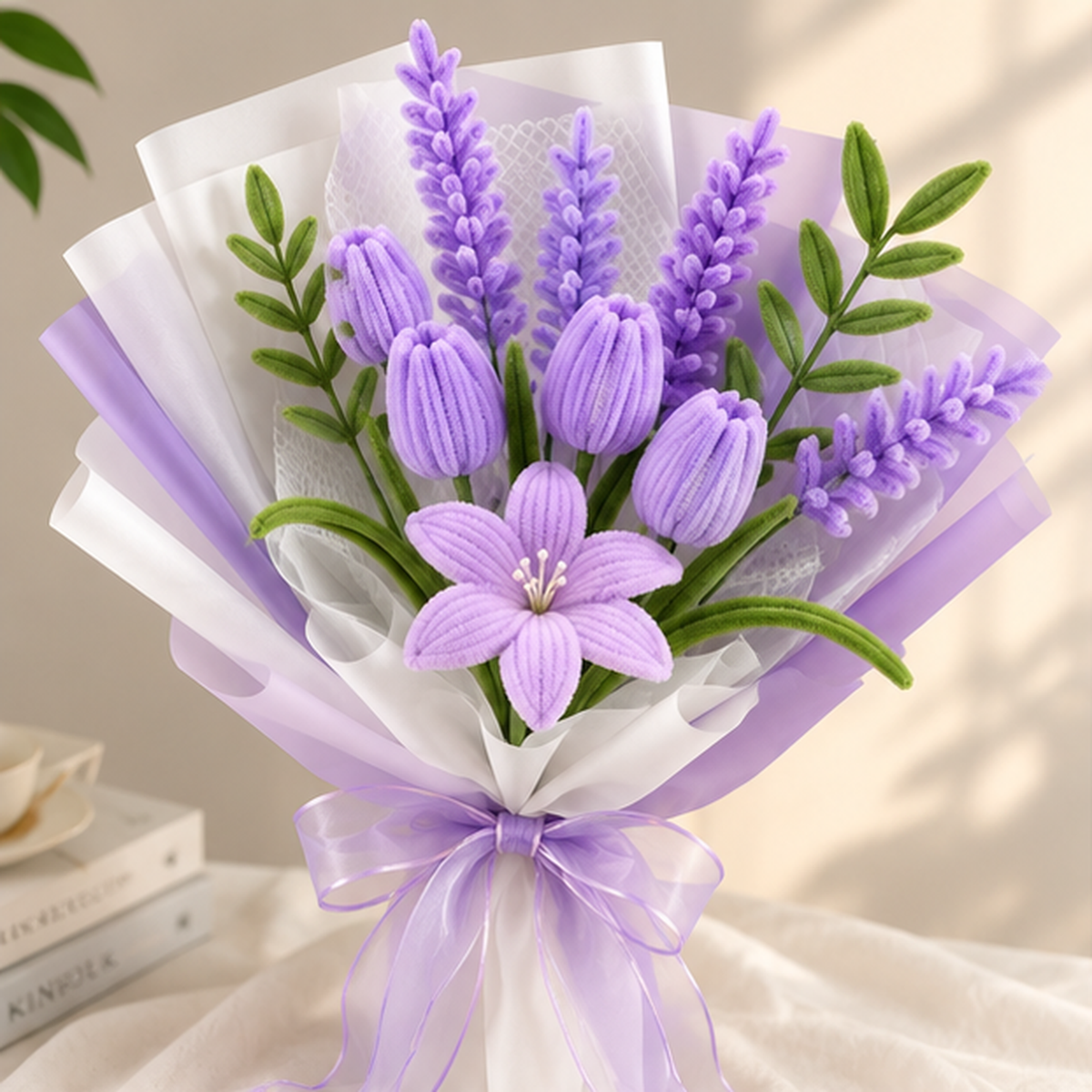 Lavender Reverie finished chenille flower bouquet made from the complete DIY kit