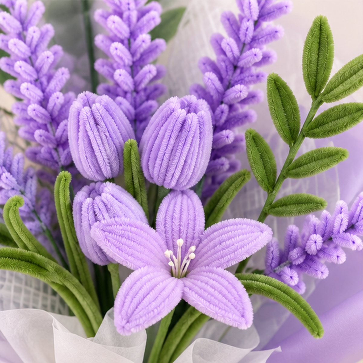 Close-up details of the lavender chenille flowers in the Lavender Reverie DIY kit