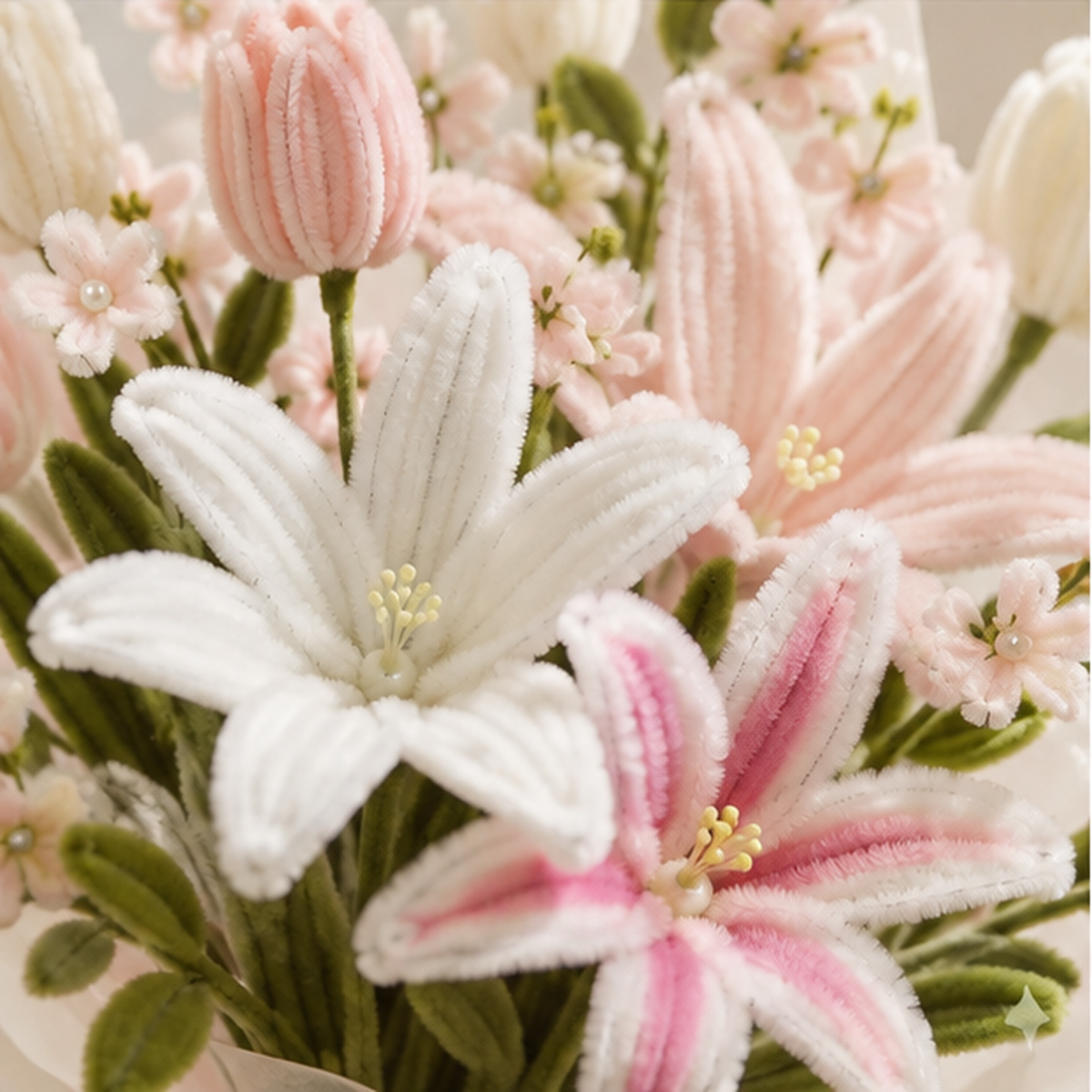 Close-up details of the pink and ivory chenille lilies in the Blush Lily Garden DIY kit