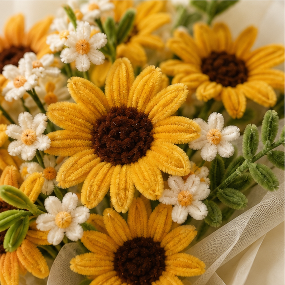 Close-up details of the sunflower and daisy chenille flowers in the Sunlit Meadow DIY kit