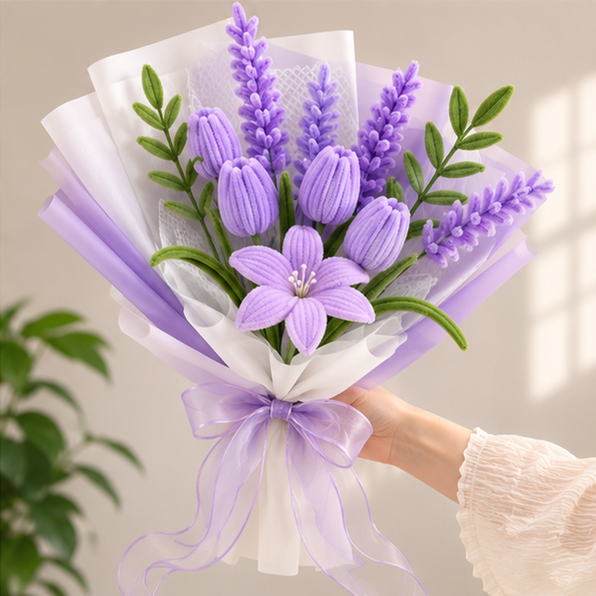 Handheld size view of the completed Lavender Reverie chenille flower bouquet