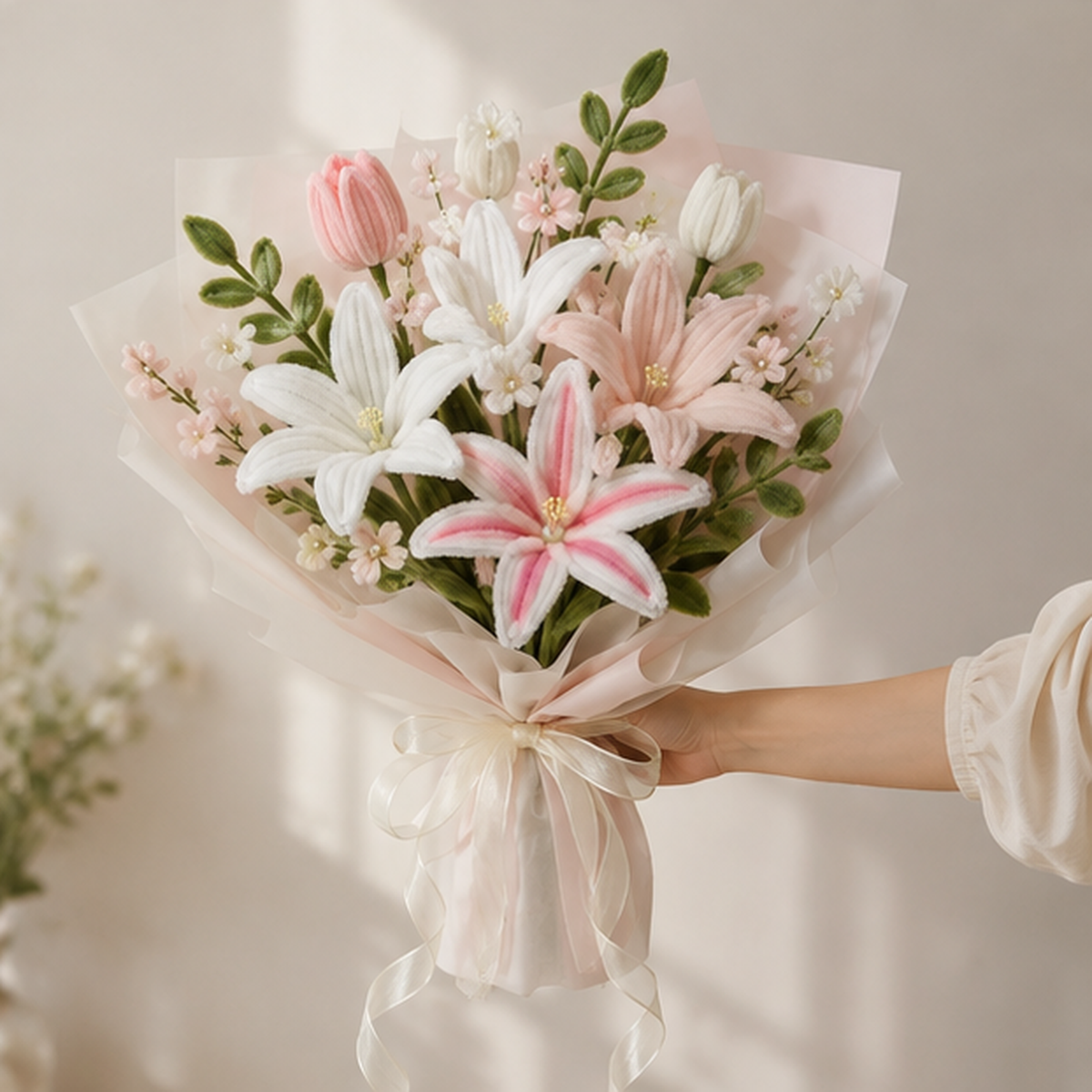 Handheld size view of the completed Blush Lily Garden chenille lily bouquet
