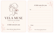 Vela Muse branded 9 by 11 centimeter gift card, shown front and back