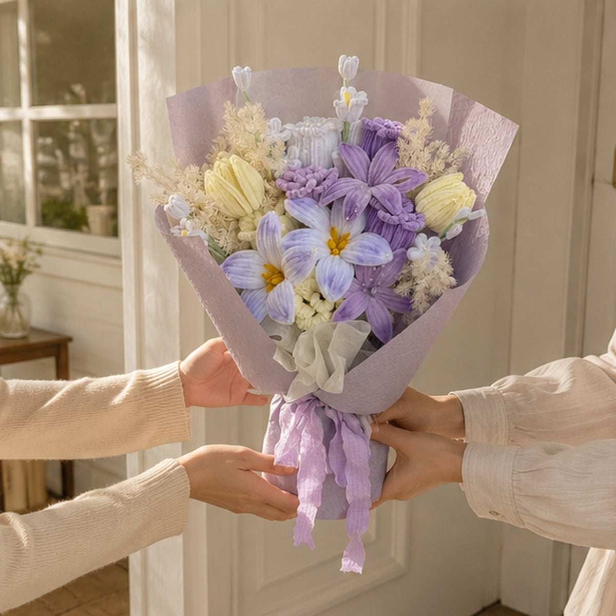 Lavender Garden handmade chenille flower bouquet presented as a lasting gift in a softly lit home setting.