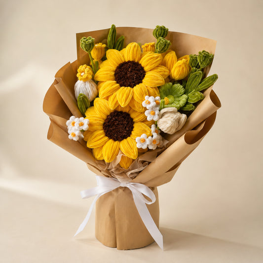 Yellow sunflower handmade chenille flower bouquet with white flowers, green foliage, tan wrapping and a white ribbon on a warm neutral background.
