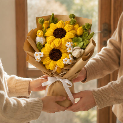 Golden Hour handmade chenille flower bouquet presented as a lasting gift in a warm home setting.