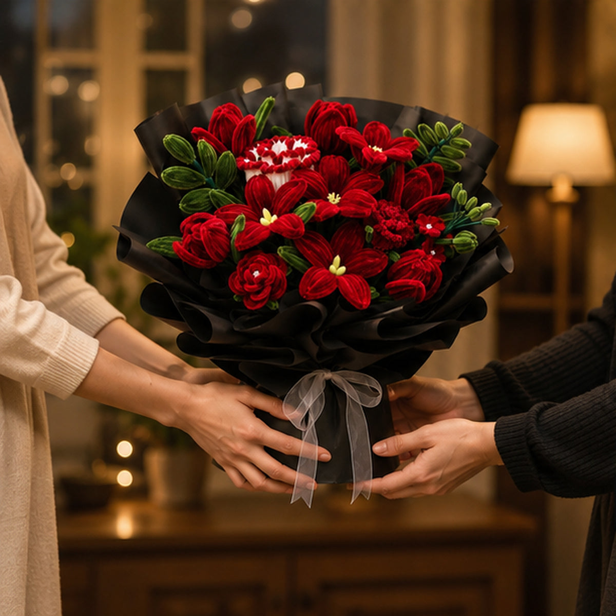After Dark handmade chenille flower bouquet presented as a dramatic lasting gift in an evening home setting.