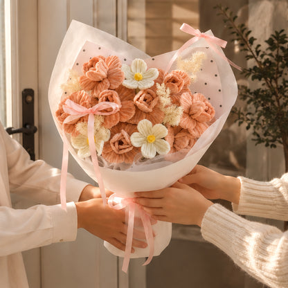 Ivory Serenity handmade peach and ivory chenille flower bouquet being handed over as a gift.