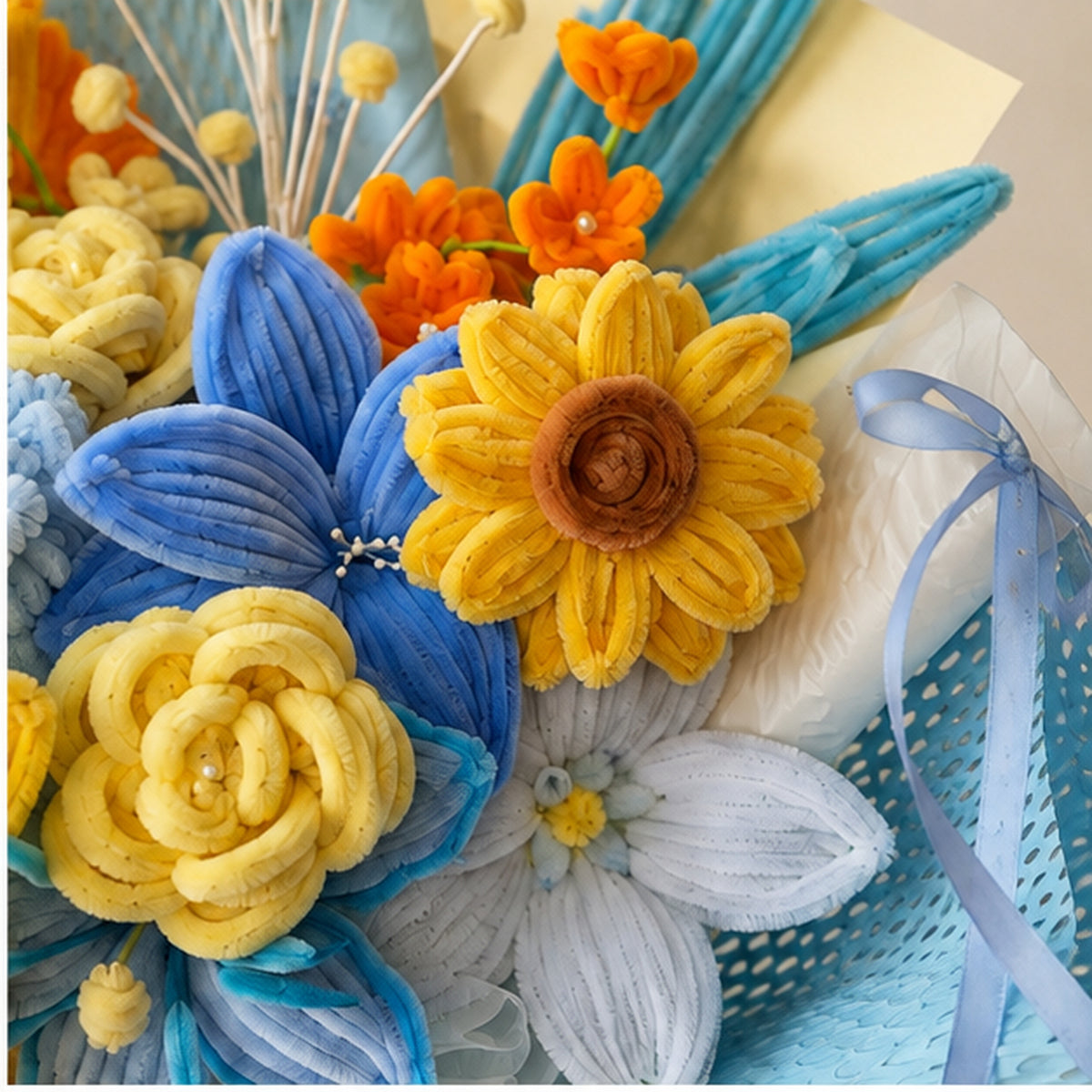 Close-up of the Graduation Cheer handmade chenille bouquet, showing textured blue, yellow, white and orange flowers.