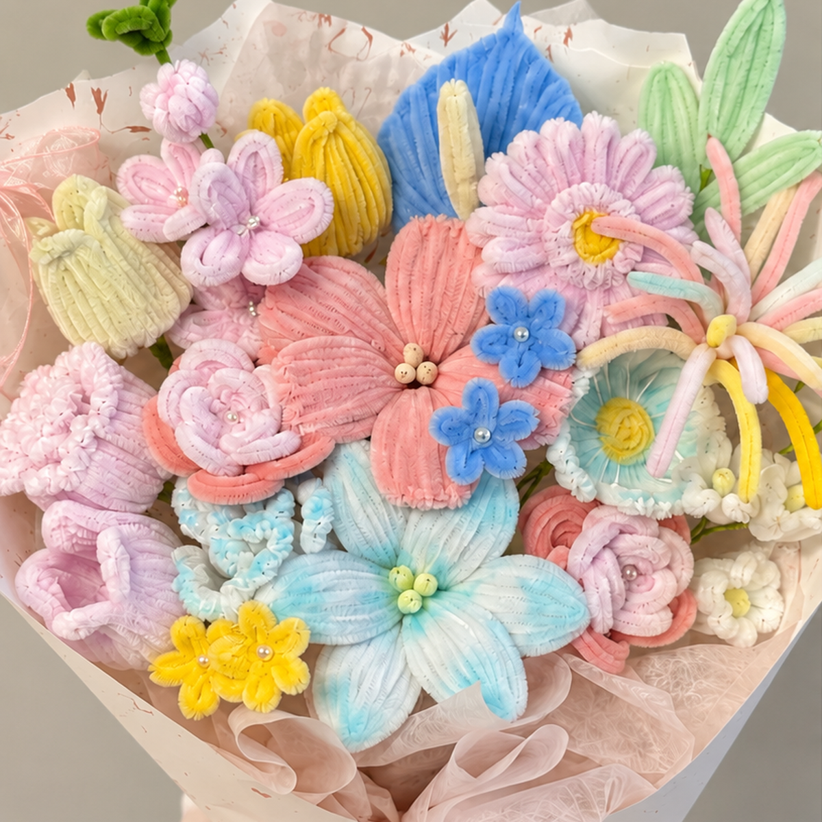 Pastel Celebration close-up showing handmade chenille flower texture, wrapping folds and ribbon details.