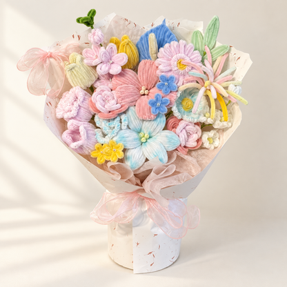 Pastel Celebration handmade chenille flower bouquet in its finished decorative wrapping.