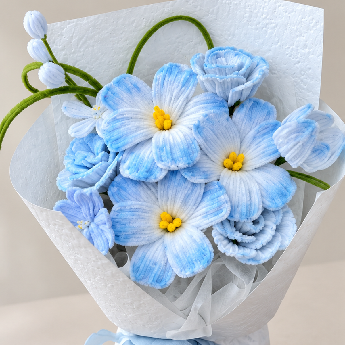 Powder Blue Wishes close-up showing handmade chenille flower texture, wrapping folds and ribbon details.
