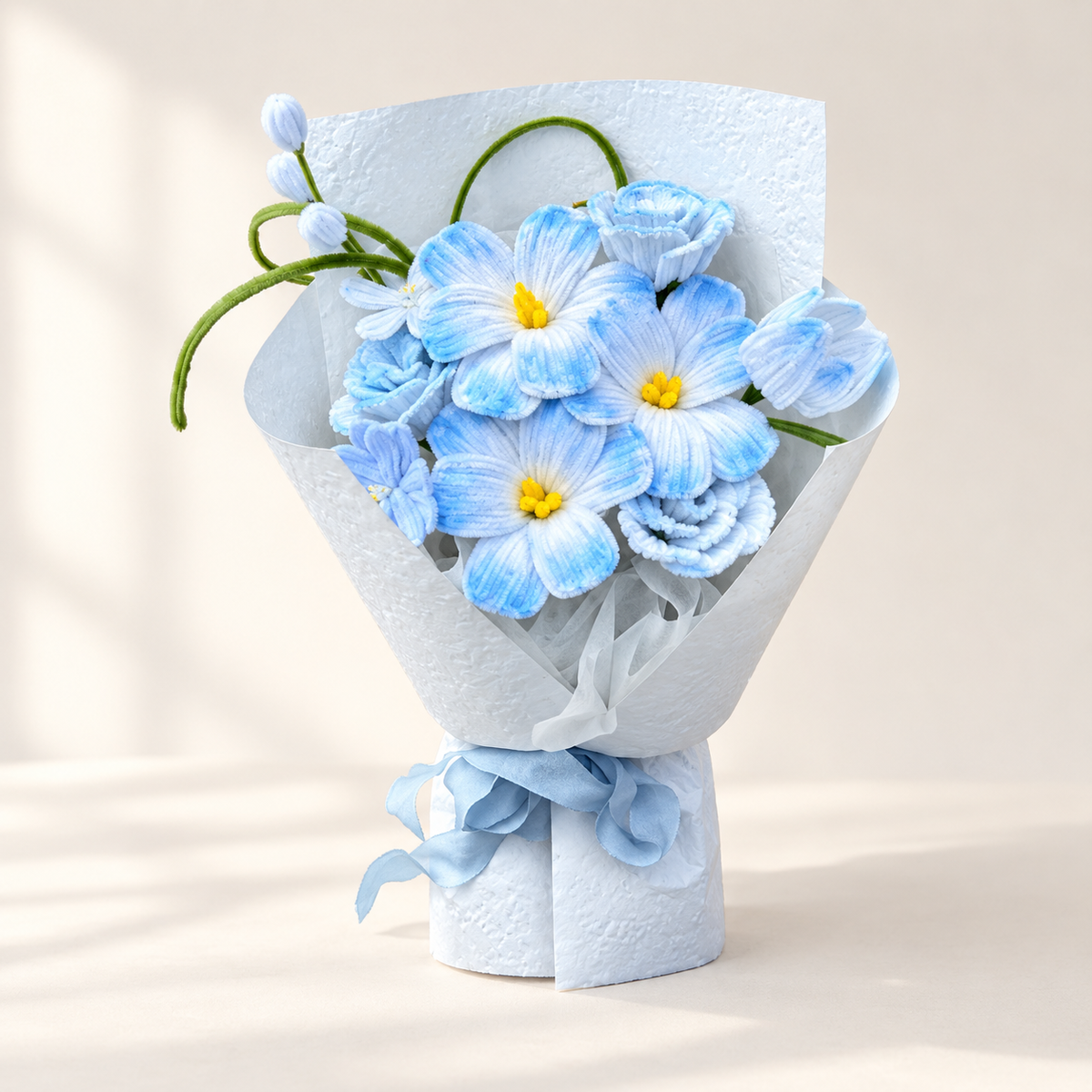 Powder Blue Wishes handmade chenille flower bouquet in its finished decorative wrapping.