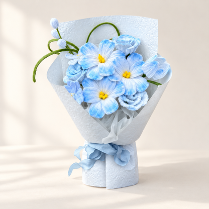 Powder Blue Wishes handmade chenille flower bouquet in its finished decorative wrapping.