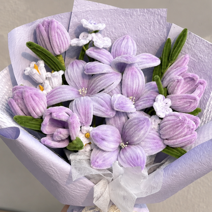 Lilac Cloud close-up showing handmade chenille flower texture, wrapping folds and ribbon details.