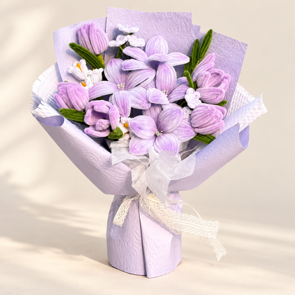 Lilac Cloud handmade chenille flower bouquet in its finished decorative wrapping.