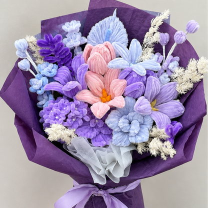 Twilight Garden close-up showing handmade chenille flower texture, wrapping folds and ribbon details.