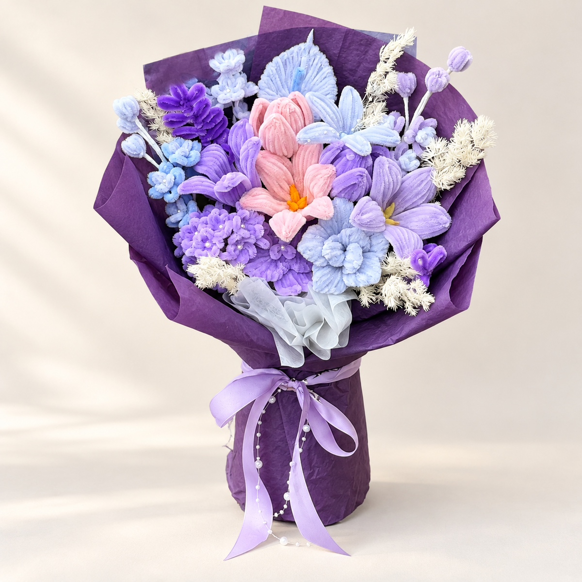 Twilight Garden handmade chenille flower bouquet in its finished decorative wrapping.