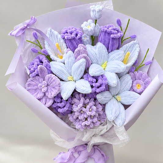 Lavender Grace close-up showing handmade chenille flower texture, wrapping folds and ribbon details.