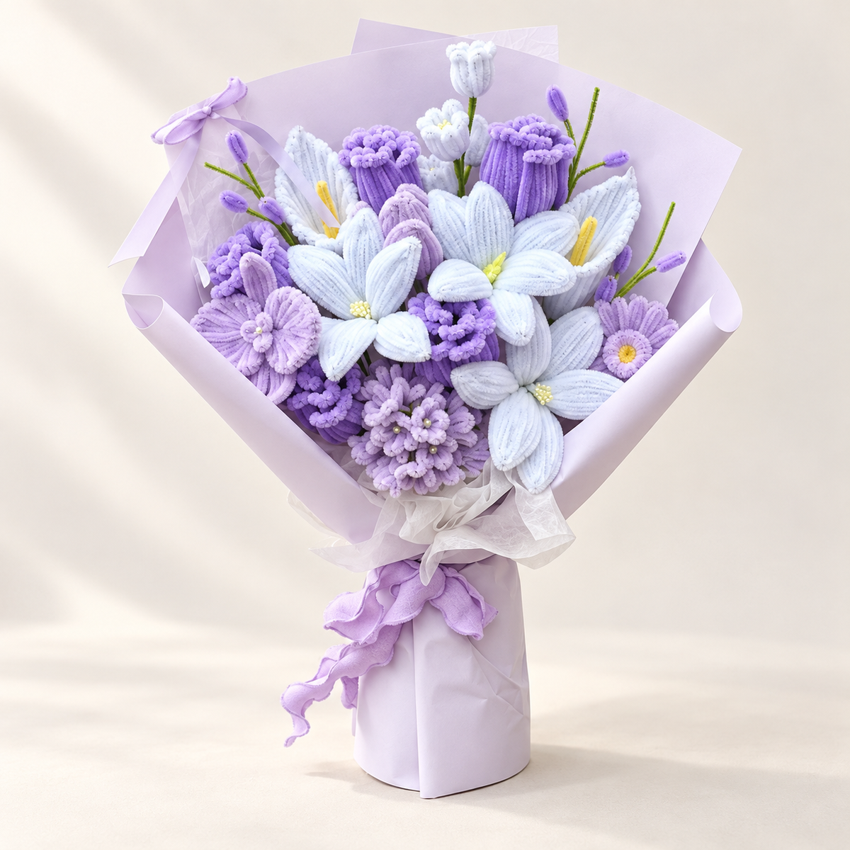 Lavender Grace handmade chenille flower bouquet in its finished decorative wrapping.