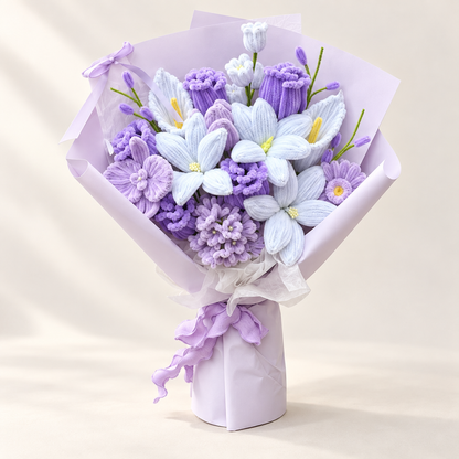 Lavender Grace handmade chenille flower bouquet in its finished decorative wrapping.