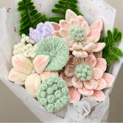 Mint Peach Reverie close-up showing handmade chenille flower texture, wrapping folds and ribbon details.