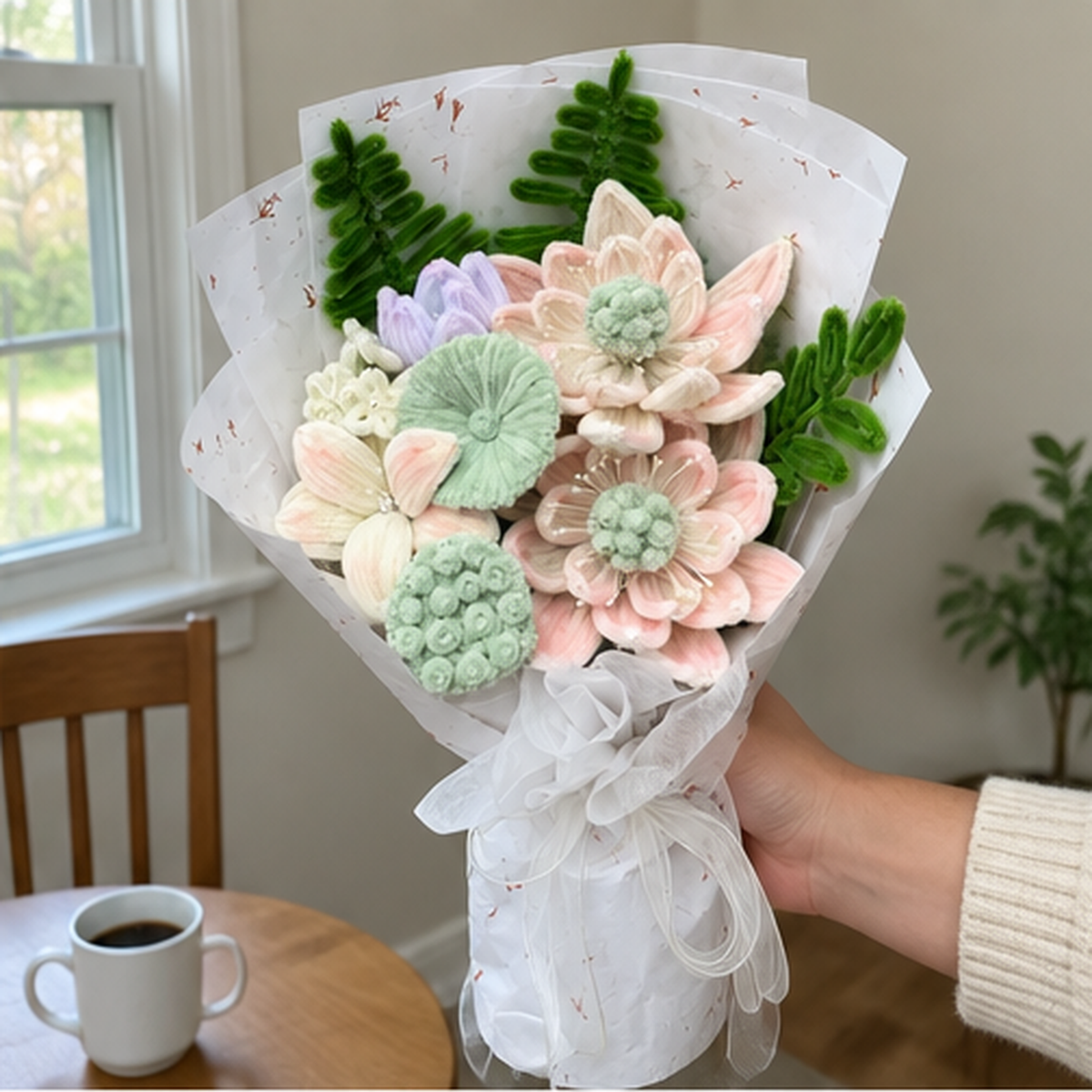 Mint Peach Reverie held naturally in a home gifting setting.