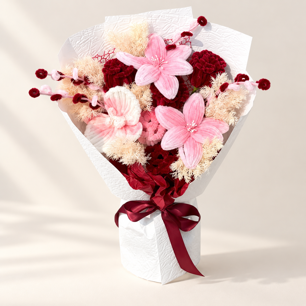 Roseberry Charm handmade chenille flower bouquet in its finished decorative wrapping.