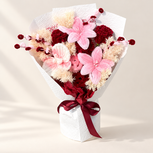 Roseberry Charm handmade chenille flower bouquet in its finished decorative wrapping.