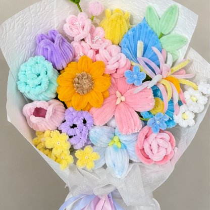 Sunshine Confetti close-up showing handmade chenille flower texture, wrapping folds and ribbon details.