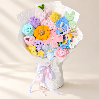 Sunshine Confetti handmade chenille flower bouquet in its finished decorative wrapping.