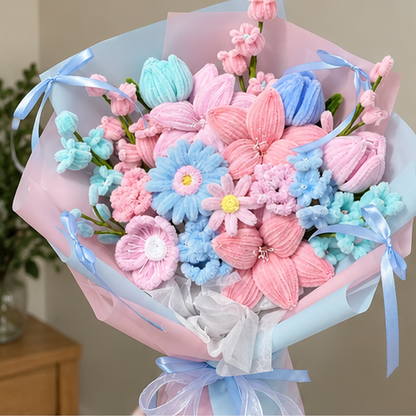 Candy Bloom close-up showing handmade chenille flower texture, wrapping folds and ribbon details.