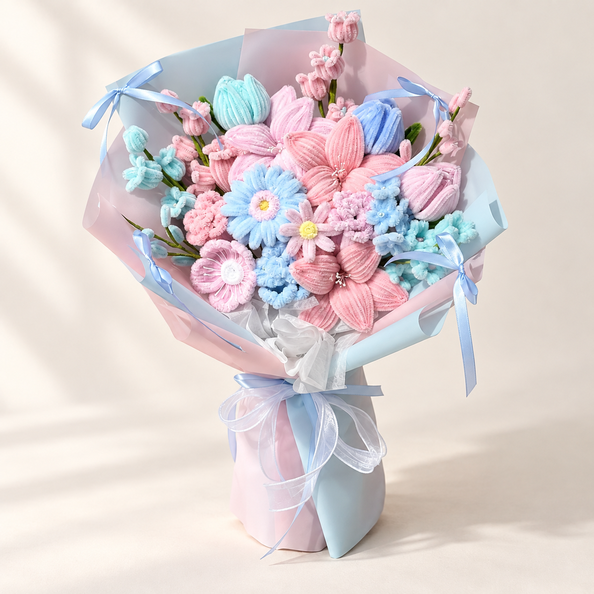 Candy Bloom handmade chenille flower bouquet in its finished decorative wrapping.