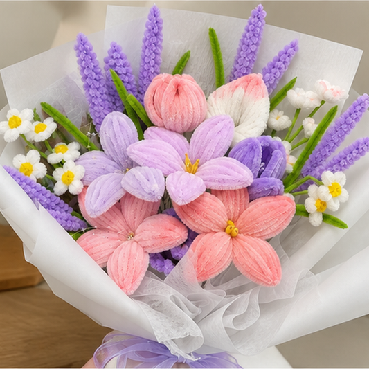 Petal Parade close-up showing handmade chenille flower texture, wrapping folds and ribbon details.