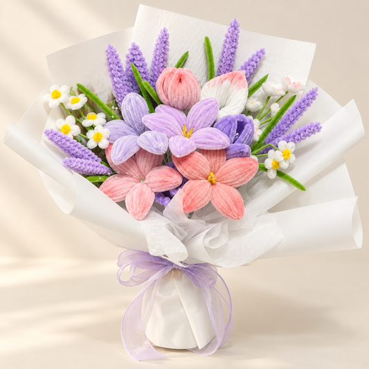 Petal Parade handmade chenille flower bouquet in its finished decorative wrapping.