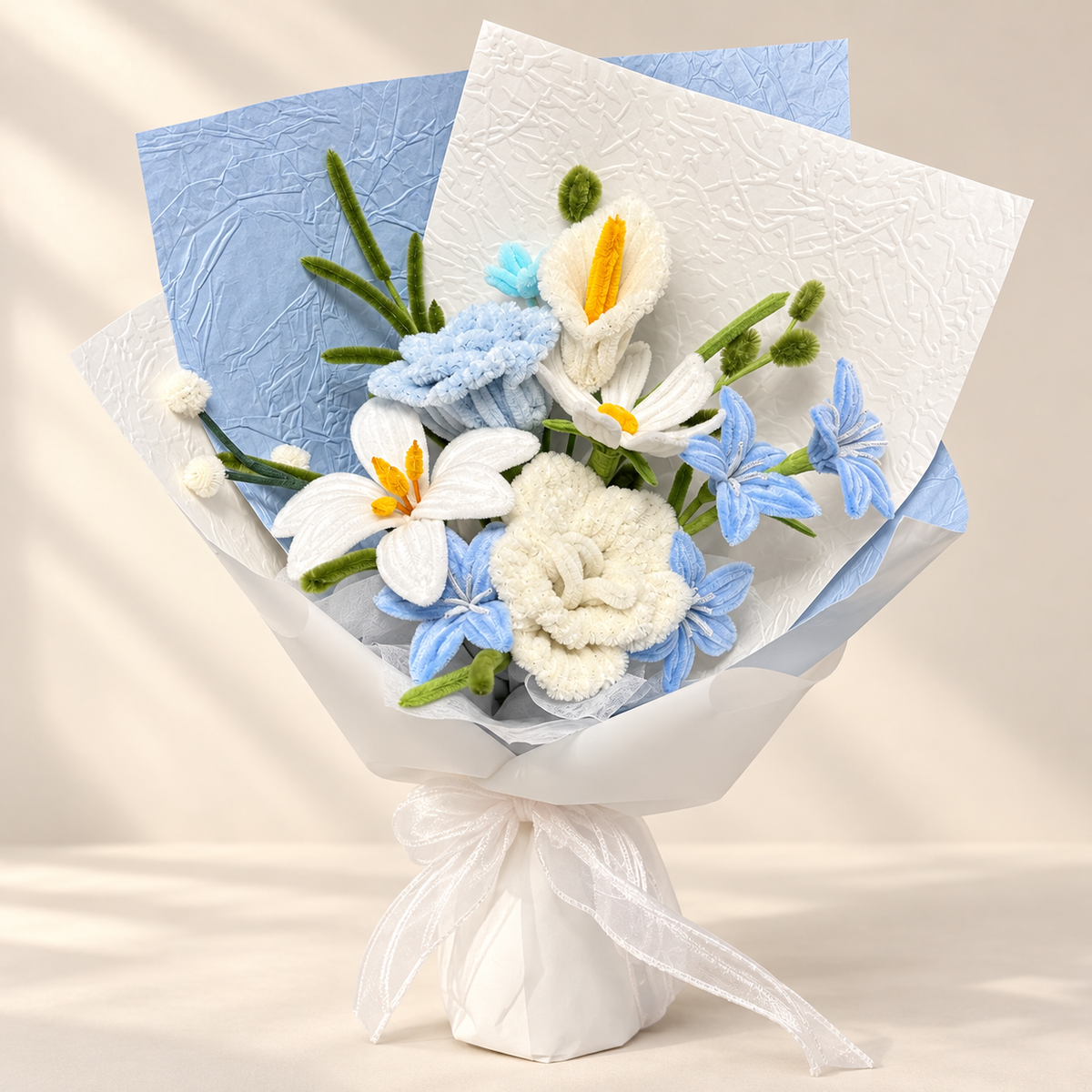 Azure Lily handmade chenille flower bouquet in its finished decorative wrapping.