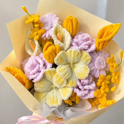 Citrus Lavender close-up showing handmade chenille flower texture, wrapping folds and ribbon details.