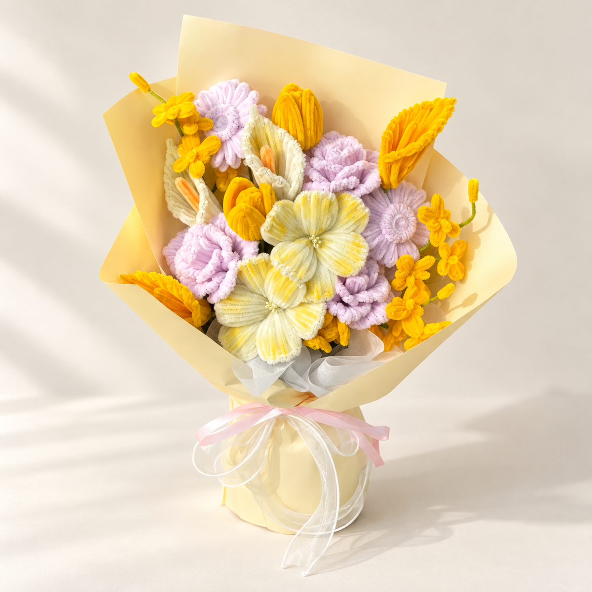 Citrus Lavender handmade chenille flower bouquet in its finished decorative wrapping.